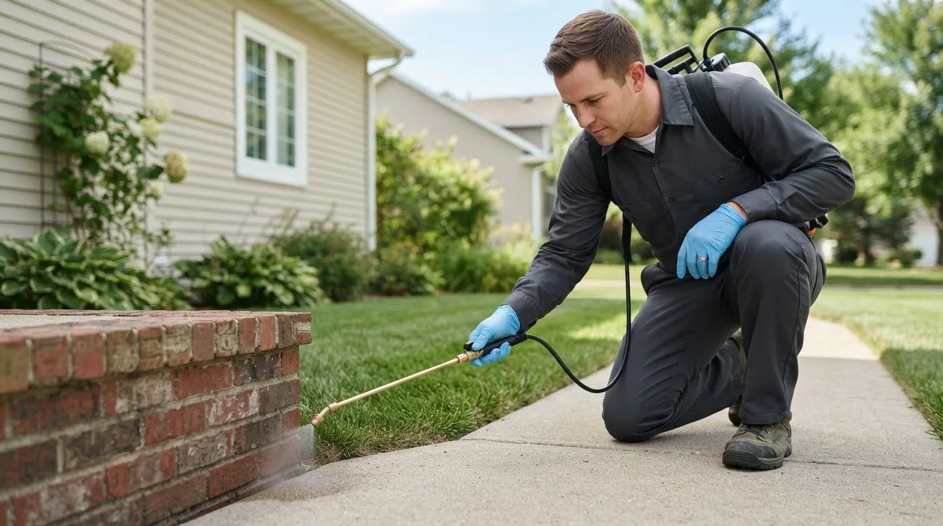 Pest control technician treating a home near Akron, PA