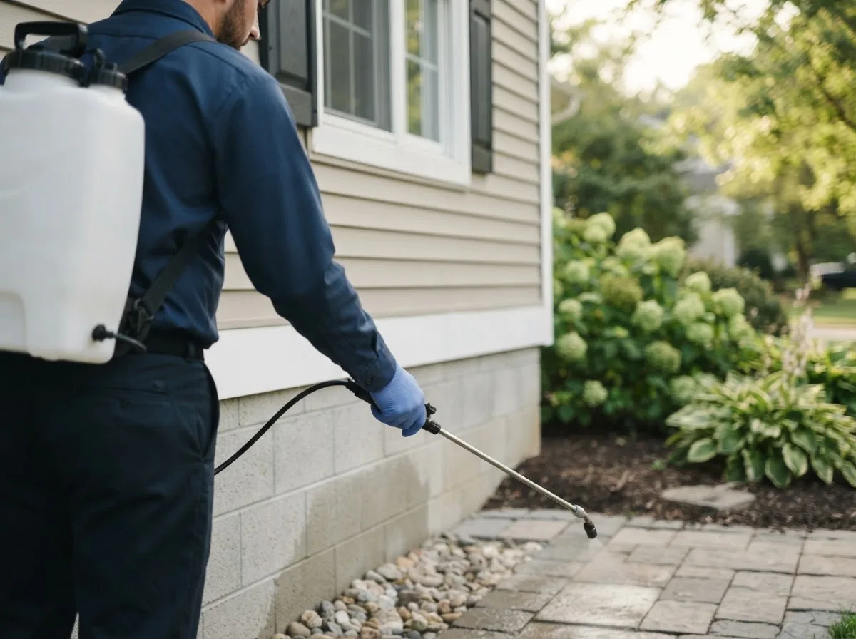 Pest control technician inspecting a home in Akron, PA